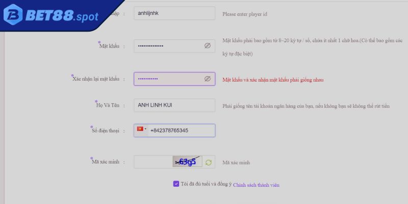 Đăng Ký bet88 2 Nhập thông tin đăng ký BET88