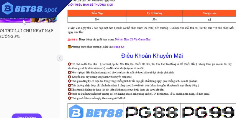 Thưởng Nạp Tiền 5% Bet88 – Cơ Hội Hấp Dẫn Cho Người Chơi 2 Ưu đãi chỉ áp dụng đúng trò chơi và thời gian quy định